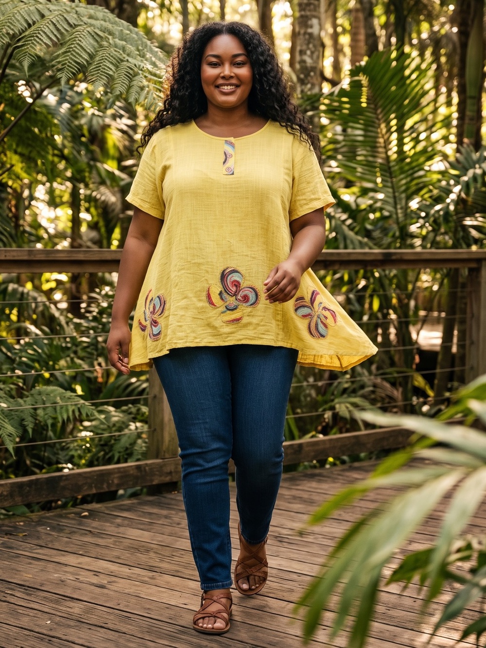 Yellow Embroidered Short-Sleeve Tunic Top by